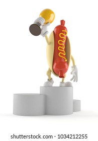 Hot Dog Character Holding Golden Trophy Isolated On White Background. 3d Illustration