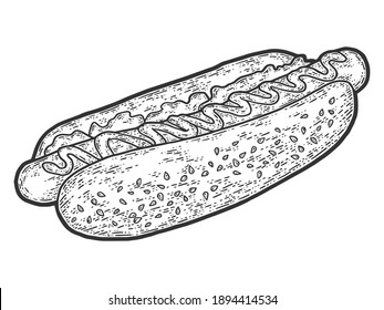 Hot Dog Engraving Raster Illustration. Sketch Scratch Board Imitation. Black And White.