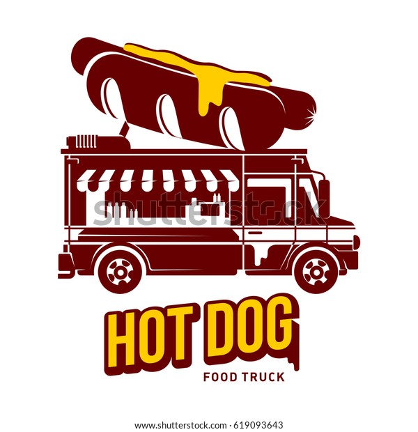 Hot dog food truck logo illustration. Vintage\
style badges and labels design concept for food delivery service\
vehicles. Two tone logo templates for your design.  Illustration on\
a white background
