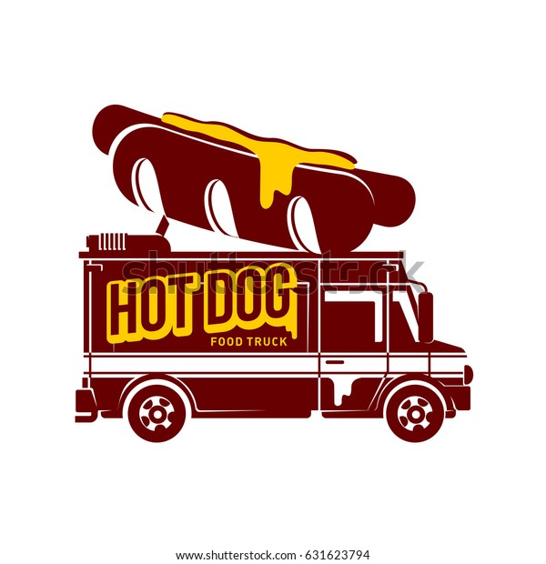 Hot dog food truck logo illustration. Vintage\
style badges and labels design concept for food delivery service\
vehicles. Two tone logo templates for your design. Illustration on\
a white background