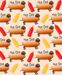 Hot Dog Pattern Dachshund. Fun Cartoon Colorful Design. Trendy Pattern Or Background For Children. Dog Lovers Poster Or Fabric.
