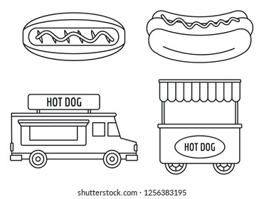 Hot Dog Shop Cart Icon Set. Outline Set Of Hot Dog Shop Cart Icons For Web Design Isolated On White Background