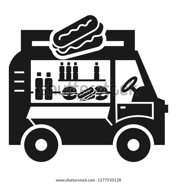 Hot dog truck icon.\
Simple illustration of hot dog truck icon for web design isolated\
on white background