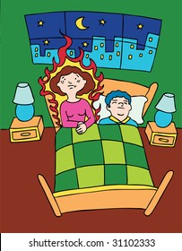 Hot Flash : Menopausal Woman Wakes Up In Bed Having A Hot Flash While Her Husband Sleeps.