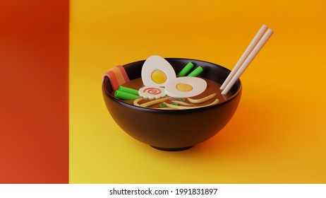 Hot Japanese Ramen Noodle With Egg And Slice Beef On A Black Blow 3d Illustration 