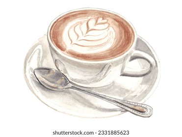 Hot Latte Cappuccino Coffee Drink in White Ceramic Cup with Saucer and Metal Spoon - High-Resolution Hand-Drawn Watercolor Illustration - Powered by Shutterstock