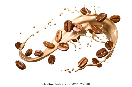 Hot Liquid Coffee Splash With Coffee Bean Falling, 3d Illustration.