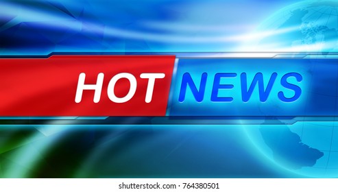 Hot news banner, blue background. Hot NEWS Big words in the center of image, in the background Earth globe. News header background, wallpaper.