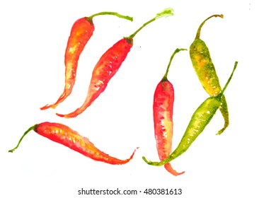 Hot peppers on white, watercolor vegetable still life painting concept
