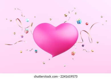 Hot pink heart symbol 3D with gift box, balls gold, ribbon on pink background. Speech bubble heart couple wedding, greeting card festival love Valentines Day. Object clipping path. 3D Illustration. - Powered by Shutterstock