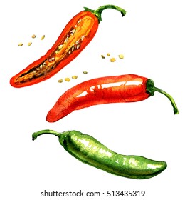 Hot Red, Green Chili Or Chilli Pepper Isolated, Watercolor Illustration