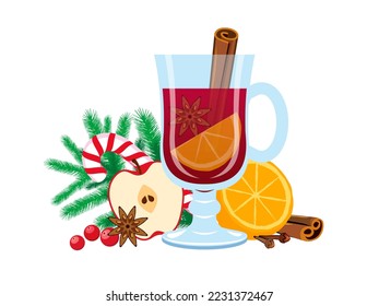 Hot red mulled wine christmas still life illustration  Glass christmas mulled wine icon isolated white background  Punch holiday party drink still life drawing