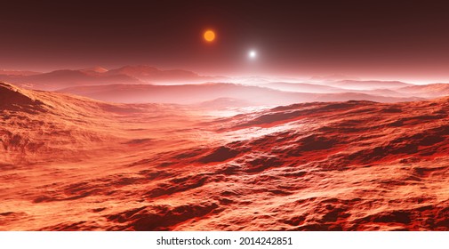 Hot, Rocky Planet Orbiting Two Stars - Red Giant And White Dwarf. 3d Rendering