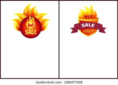 Hot sale heraldic badge and round label with promo offer 50 percent off, burning fire flame web online banners. raster illustration emblems heat signs