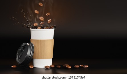 Hot takeway espresso morning coffee with splash in cardboard paper cup. Coffee to go fragrant drink splashes with falling down coffee beans on black background. Banner. 3d rendered illustration.