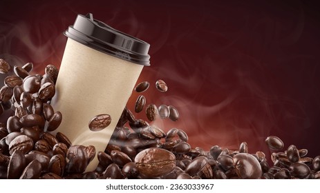 Hot takeway espresso morning coffee in cardboard paper cup. Fresh roasted Beans. Coffee-To-go fragrant drink with aromatic smoke and steam on dark background. Cafe Banner design. 3D illustration. - Powered by Shutterstock