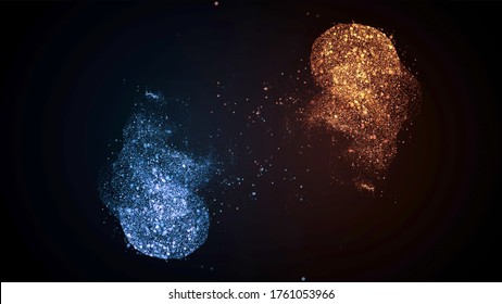 Hot Vs Cold Energy. Solar Flares And Frozen Particles Facing And Mixing Over Black Background.