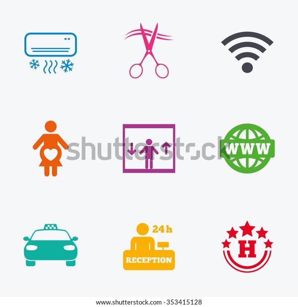 Hotel, apartment service icons. Barbershop sign.\
Pregnant woman, wireless internet and air conditioning symbols.\
Flat colored graphic\
icons.