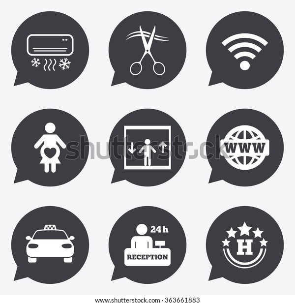 Hotel, apartment service icons. Barbershop\
sign. Pregnant woman, wireless internet and air conditioning\
symbols. Flat icons in speech bubble\
pointers.