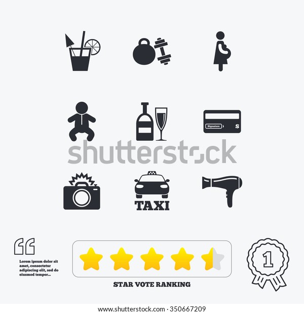 Hotel, apartment service icons. Fitness gym.\
Alcohol cocktail, taxi and hairdryer symbols. Star vote ranking.\
Award achievement and\
quotes.