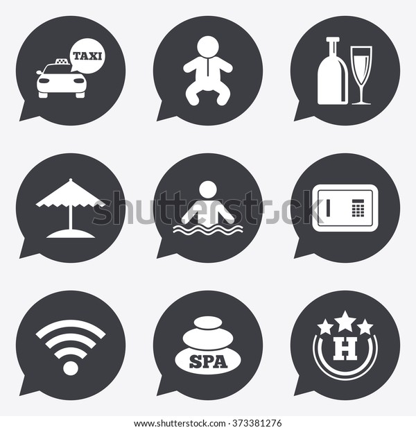 Hotel, apartment service icons. Spa, swimming\
pool signs. Alcohol drinks, wifi internet and safe symbols. Flat\
icons in speech bubble\
pointers.