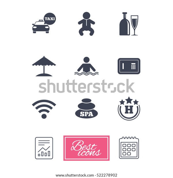 Hotel, apartment service icons. Spa, swimming pool
signs. Alcohol drinks, wifi internet and safe symbols. Report
document, calendar icons.
