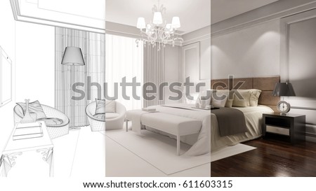 Hotel Bedroom Planning Stages Cad Draft Stockillustration