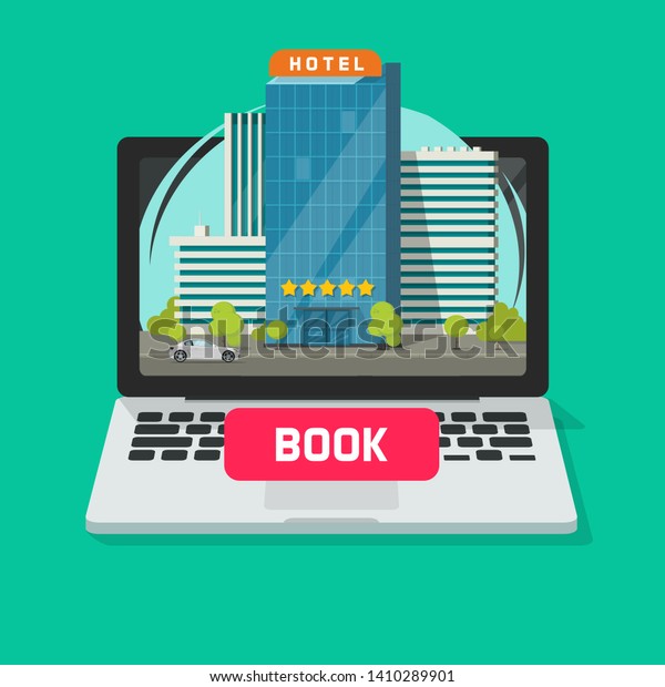 Hotel booking online using computer\
illustration, flat cartoon laptop with city hotel and book button\
on display, reservation technology concept\
image