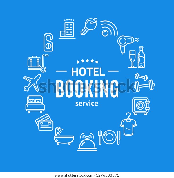 Hotel Booking\
Round Design Template Line Icon Concept Service Business for Web\
and App on a Blue.\
illustration
