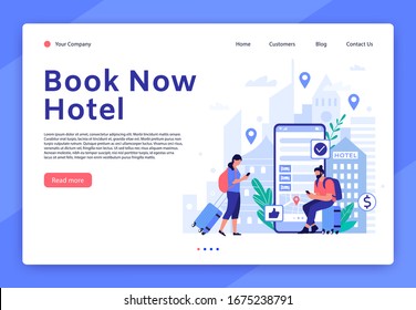 Hotel Booking Website. Mobile App For Tourists And Travellers, Hotel Room Reservation Digital Service Concept  Landing Page Template. Accommodation Search Tool. People With Luggage Illustration