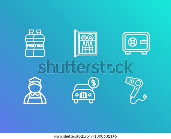 Hotel icon\
set and car rent with hair dryer, minibar and room safe. Drink\
related hotel icon  for web UI logo\
design.