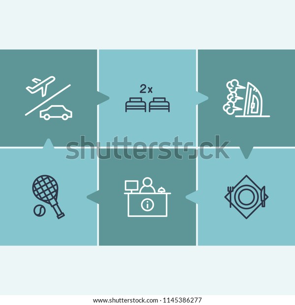 Hotel icon set and reception with airport
transfer, restaurant and double bed. Cafe related hotel icon  for
web UI logo
design.