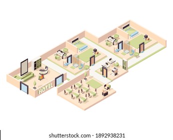 Hotel Interior. Modern Luxury Hotel Rooms Lounge Zone Pool Comfortable Restaurant Bathroom Parking Isometric