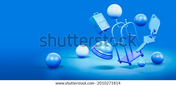 Hotel\
luggage trolley, a concierge bell, keys and a suitcase on a vibrant\
blue background. 3D Rendering,\
illustration.