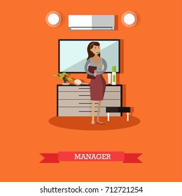 Hotel Manager Concept Illustration. Young Woman Hotelier Or Lodging Manager Flat Style Design Element.