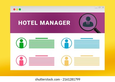 Hotel Manager Logo In Header Of Site. Hotel Manager Text On Job Search Site. Online With Hotel Manager Resume. Jobs In Browser Window. Internet Job Search Concept. Employee Recruiting Metaphor