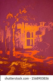 Hotel near the ancient city in the desert  Dark hot evening  night shade from palm trees  summer  Romantic trip to the sea in the Christmas holidays  Illustration  Oil pastel drawing text
