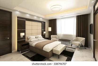  Hotel Room In Dark Wood Panels 3D Rendering