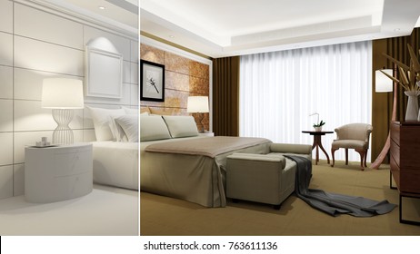 Hotel Room With Elegant Interior Design As CAD Room Planner (3D Rendering)