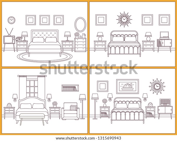 Hotel Room Interior Bedroom Beds Outline Stock Illustration