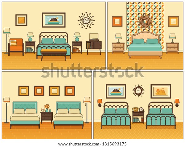 Hotel Room Interior Bedrooms Beds Linear Stock Illustration