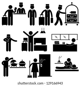 Hotel Services Receptionist Bellboy Housekeeper Worker Customer Visitor Stick Figure Pictogram Icon