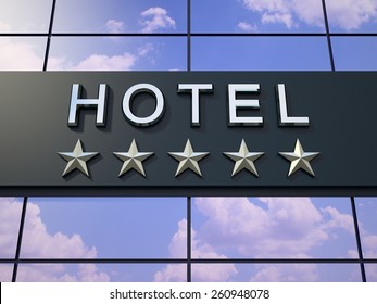 The Hotel Sign With A Five Stars On The Modern Building.