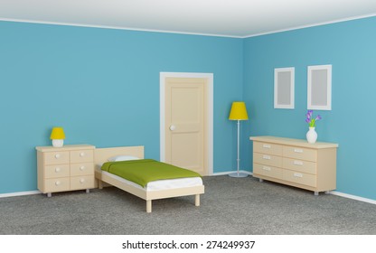 Hotel Single Room With Bed. 3d Illustration