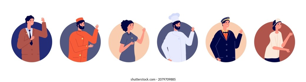 Hotel Staff Avatars. Hostel Team, Manager Chef Maid Porter And Receptionist. Isolated Flat Greetings Man And Woman Characters. Hospitality Workers Illustration