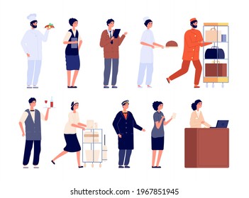 Hotel Team. Worker Staff, Hospitality Job Employee. Isolated Flat Manager Cleaner Receptionist Doorman. Restaurant Service Characters