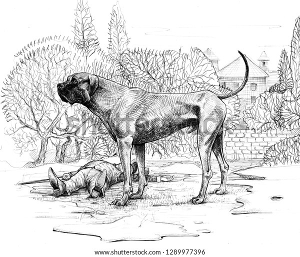 バスカヴィル家の犬が大きな犬の絵 のイラスト素材
