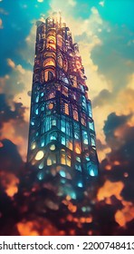 Hour Glass Shaped Skyscraper With Paisley Pattern In Outer Space