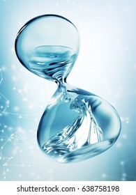 Hourglass with dripping water close-up. Blue background. 3d rendering