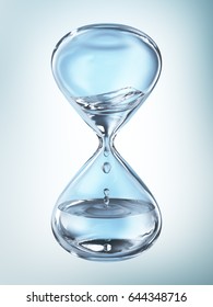 Hourglass with dripping water close-up. Blue background. 3d rendering